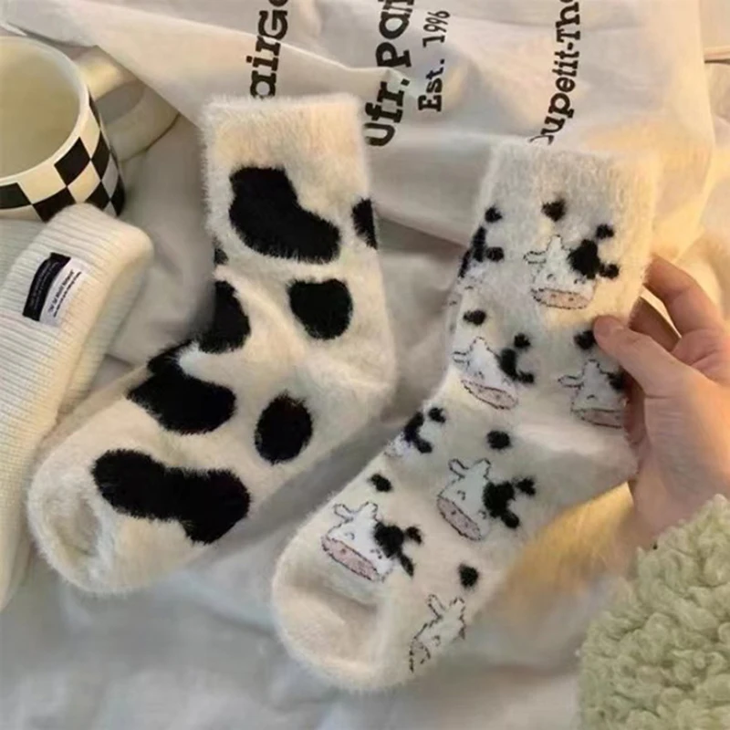 Milk Cow Autumn Socks Women Kawaii Thicken Cashmere Middle Tube Socks Sweet Girls Soft Warm Korean Outwear Floor Wear Socks New