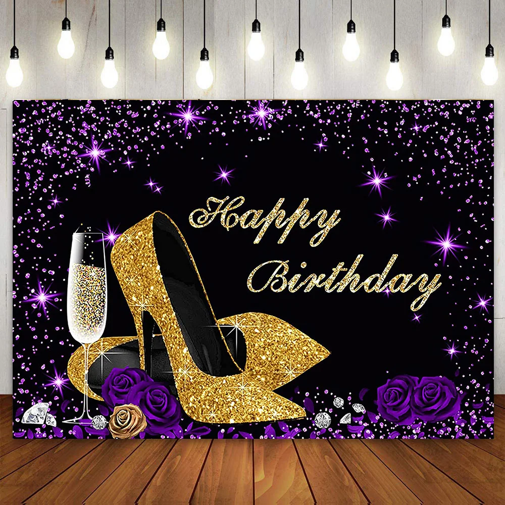 Purple and Gold Birthday Party Backdrop Rose Champagne Glass Background Glitter Heels Diamonds for Women 30th 40th 50th 60th