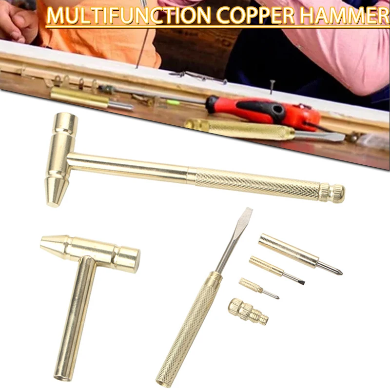 

1set 6 In 1 Multifunction Mini Craft Hammer Screwdriver Set Copper Alloy Gold Detachable Screwdriver Service Hand Tools