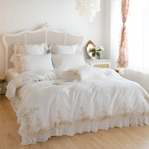 Белое Кружевное постельное белье с вышивкой в Корейском стиле, свадебное постельное белье принцессы, однотонное пододеяльник, простыня, наволочки из хлопка