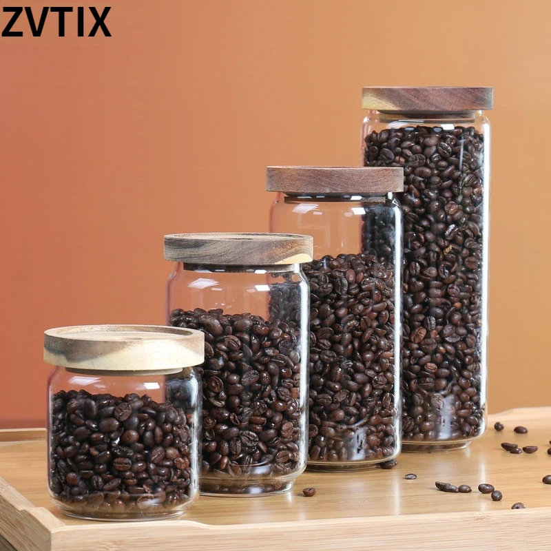 

Transparent Glass Pot Household Coffee Bean Storage Food Grade Sealed Tea Pot With Wooden Lid Kitchen Accessories Jar For Spices