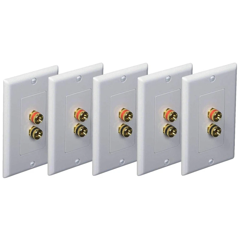 

(5 Pack) Premium 2 Connector Banana Wall Plate - Banana Plug Binding Post Wall Plate For Speakers White