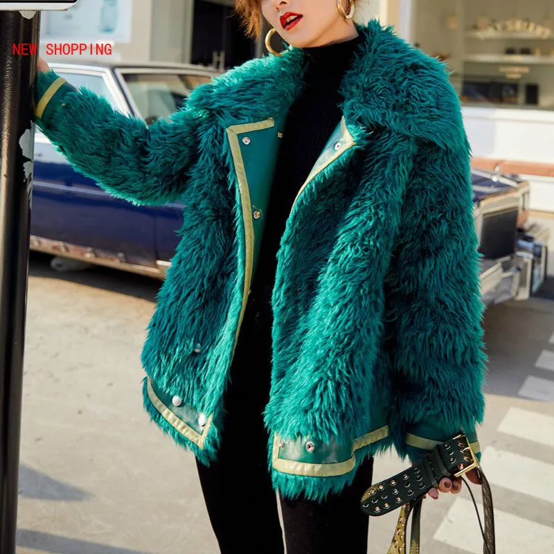 Vintage streetwear Green Faux Fur Coat Women Thick Lamb Fur Overcoat Lapel Motorcycle Jacket Ladies Fluffy Coats Winter Fashion