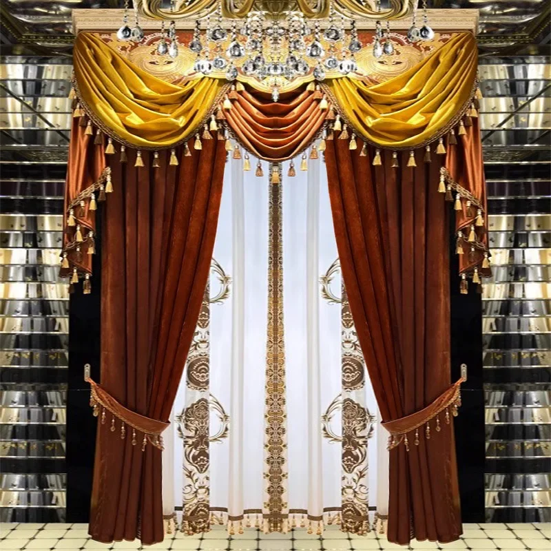 

New French Retro Villa Club Hall Bedroom Sunshade Velvet Fabric Finished Wine Red Blackout Embroidered Curtains Room Decor
