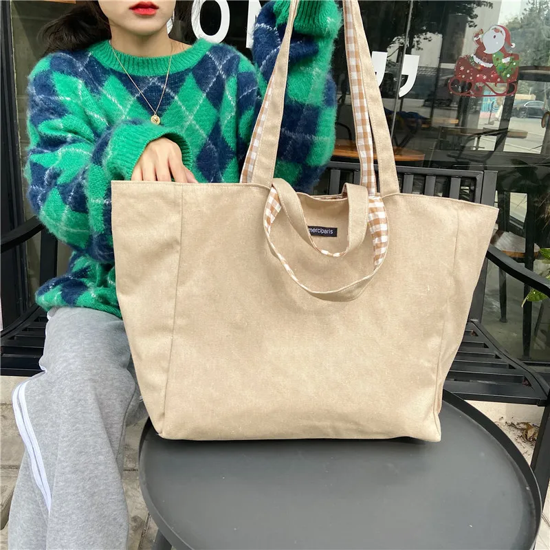 Women Canvas Shoulder Bags Plaid Double-side Large Capacity Handbags Female Shopping Portable Lazy All-match Foldable Tote Bag images - 6