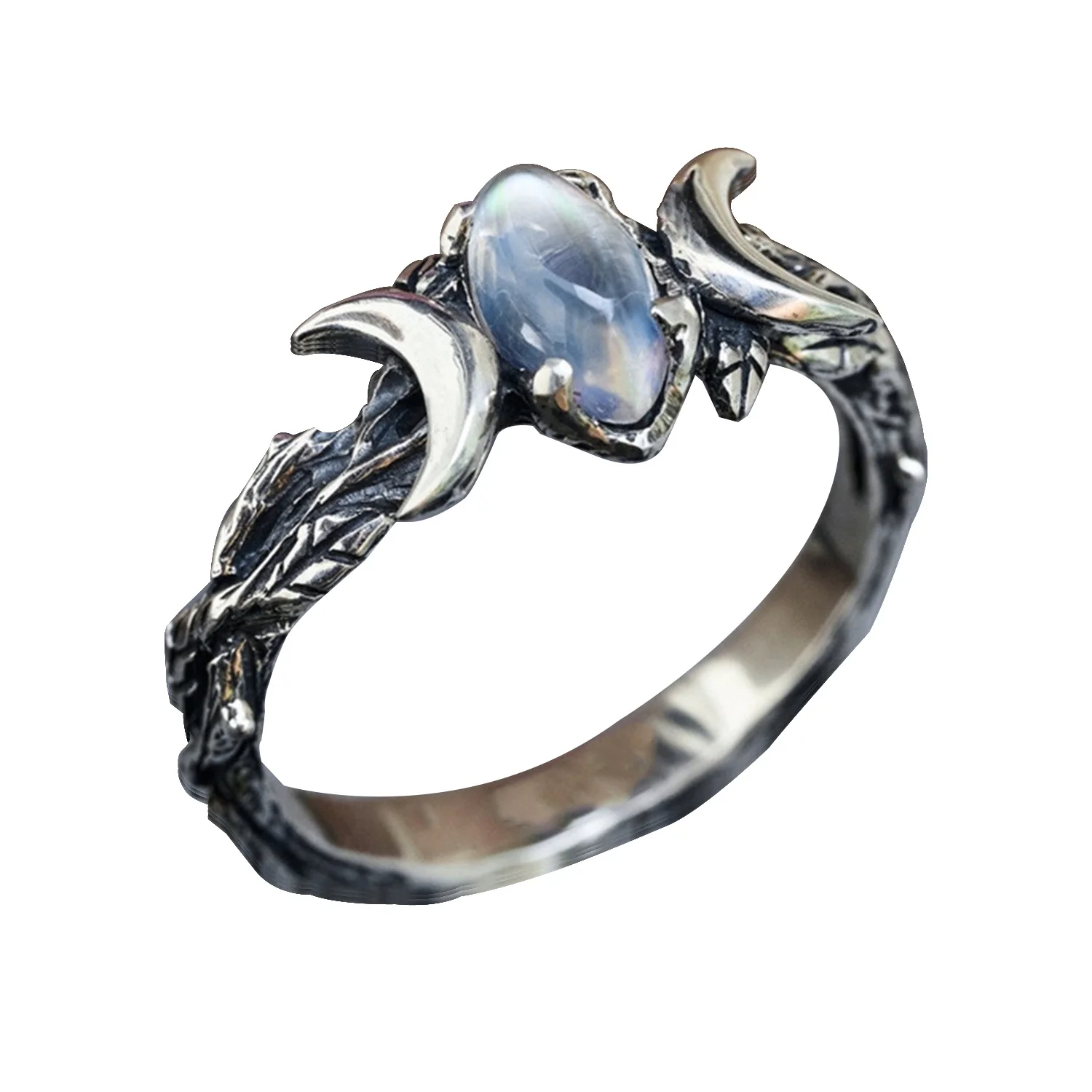 

2023 New Fashion Bohemian Vintage Moonstone Inlaid New Moon Finger Rings for Women Punk Hollow-out Moonstone Moon Ring Jewerly