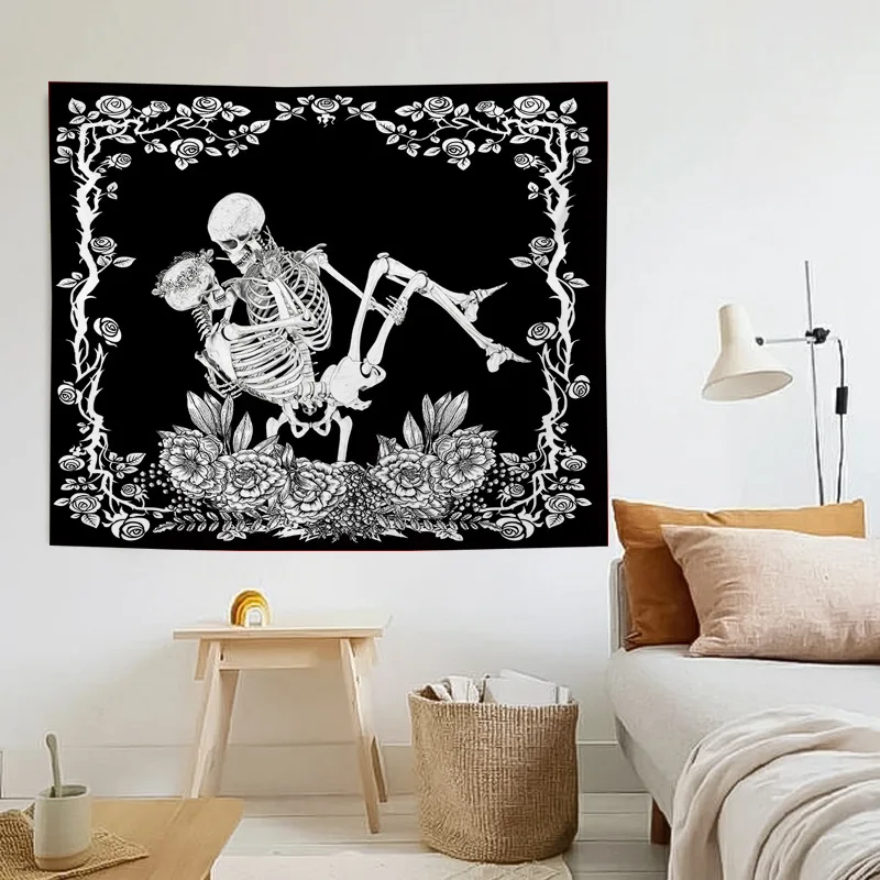 

Human Skeleton Beach Towel Skull Sofa Sets Black-and-white Painting Wall Decor Blanket Tapestry Hippie Aesthetic Room Decor Home