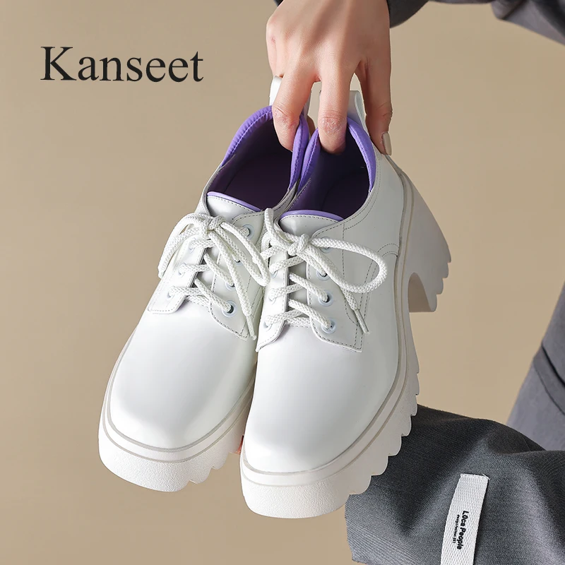 

Kanseet Platform Shoes Women 2023 Spring New Genuine Leather High Quality Round Toe Loafers Causal Chunky Heels Lady Footwear 40