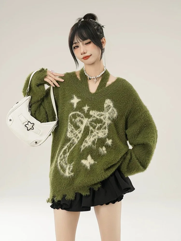 Винтажный свитер с черными дырками и ленивым принтом джемперы осень-зима новые