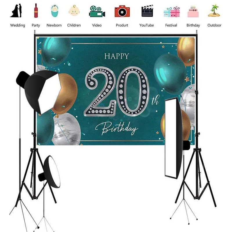 Праздничный баннер на 20-й день рождения фон с зелеными золотыми серебряными