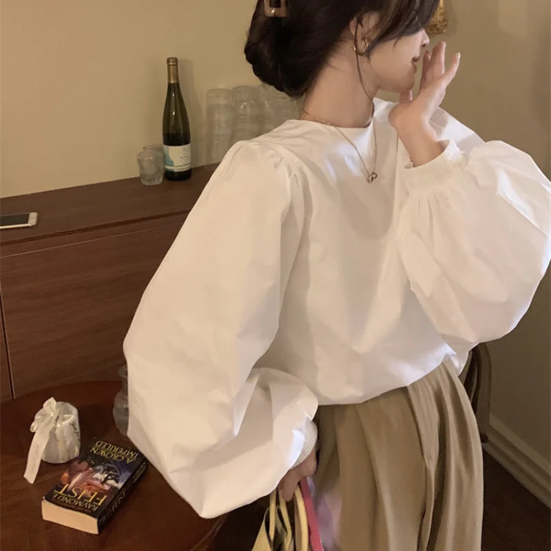

Белые рубашки HOUZHOU большого размера, женский модный пуловер в Корейском стиле, винтажная блузка розового цвета с пышными рукавами, женская элегантная одежда