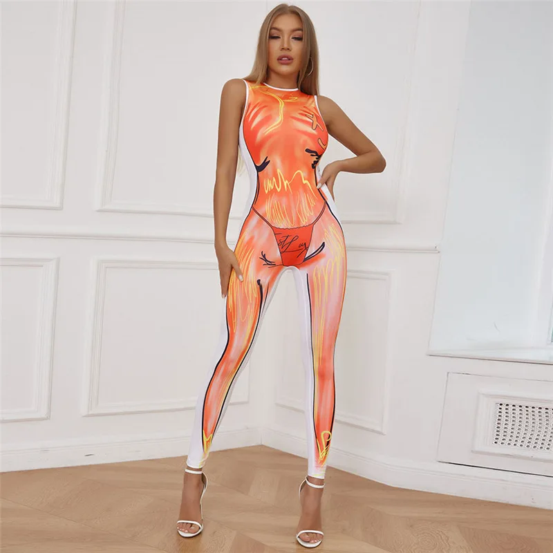 

Summer Gradient Stunning Print Jumpsuits Women Hipster Aesthetic Round Neck Sleeveless Body-Shaping Attirewear One Piece Outfit