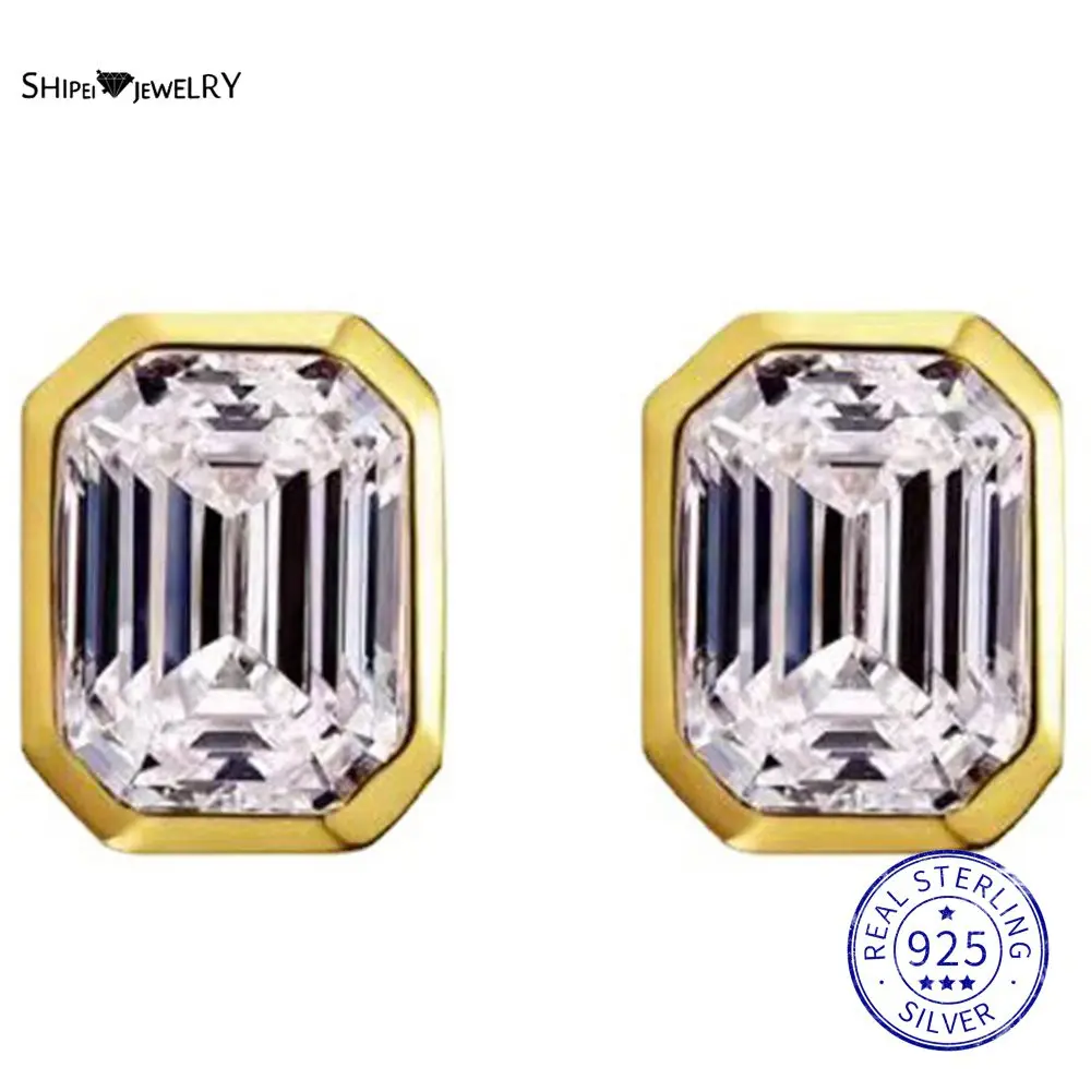 

Shipei 925 Sterling Silver 1 CT Emerald Cut Created Moissanite Gemstone Yellow/Rose Gold Studs Earrings For Women Fine Jewelry