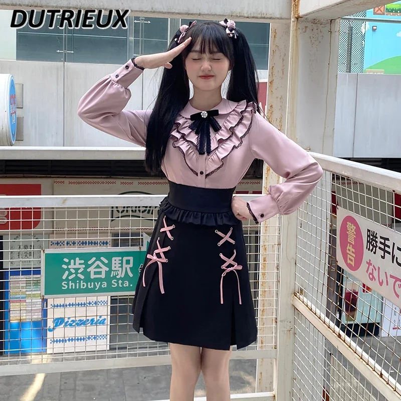 

Mine Series Mass Production Black and Pink Suits Soft Glutinous Double Layer Ruffled Shirt + Ribbon A- Line Short Skirt Outfits