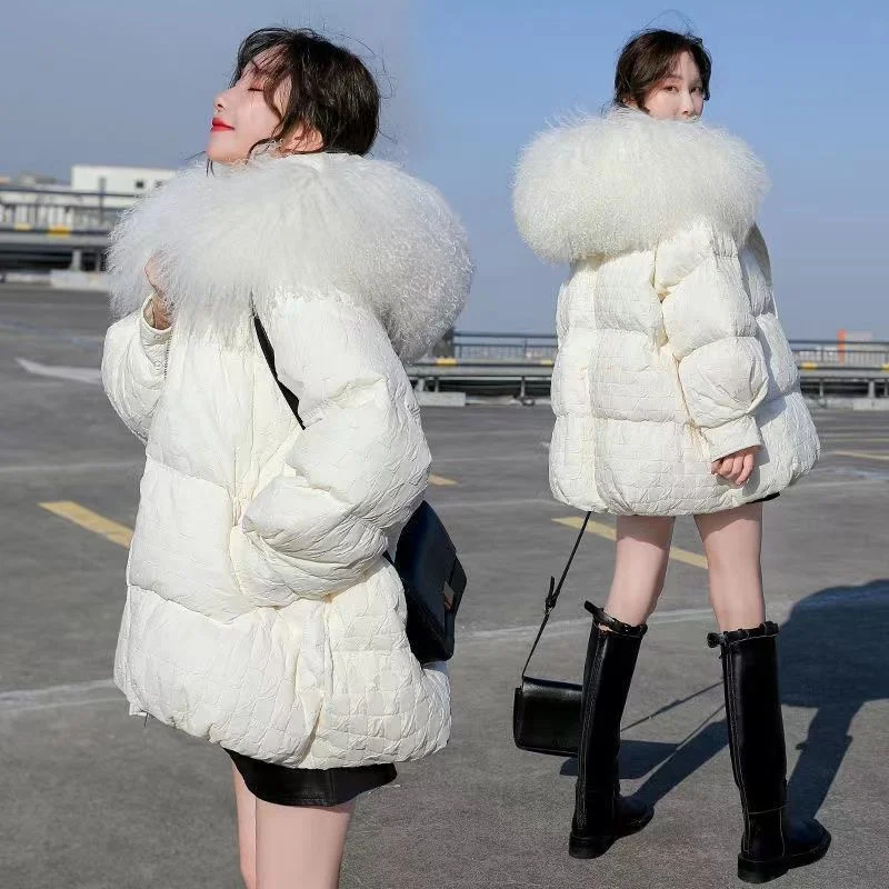 Large Fur Collar Thin Down Jacket for Women Hooded Oversize Demi-season Female Winter 2023 Quilted Coat Spring Parka Fluffy New
