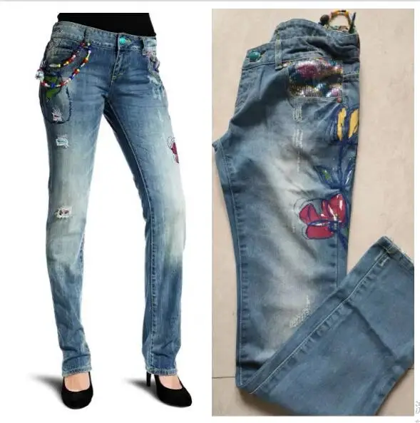 Foreign trade Spanish desigual women's jeans embroidered printed casual trousers sequin ripped trousers