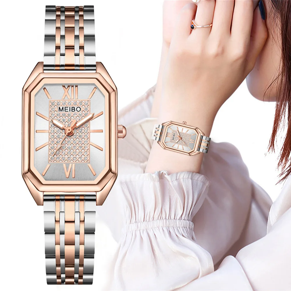 

2023 New Women's Watch Luxury Brand Casual Fashion Steel Band Zircon Rectangle Quartz Watch for Women Roman Numerals Wristwatch