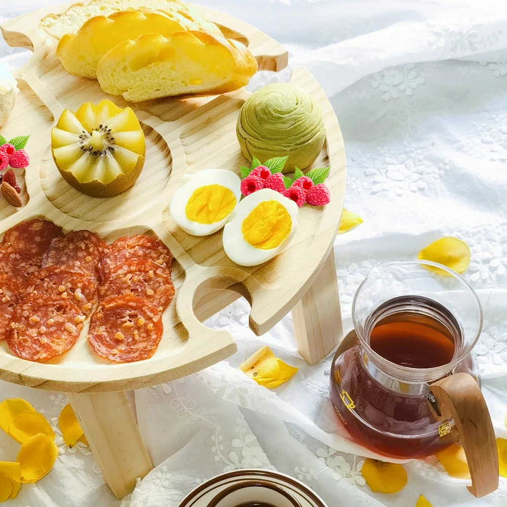 

Mini Wooden Table Portable Foldable Picnic Table With Handle Natural Wood Color With Hole Wine Rack Outdoor Camping Beach Table