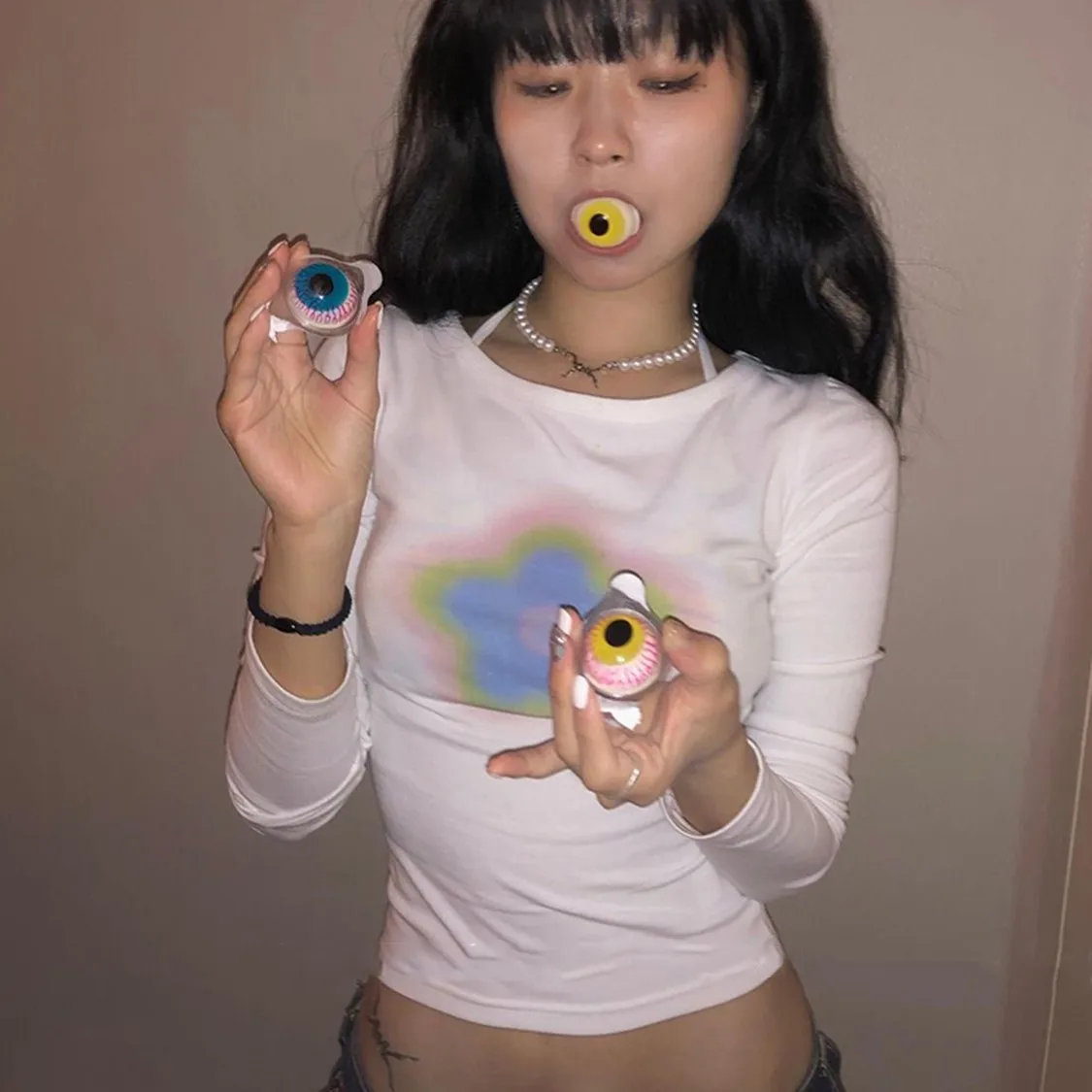 

E GIRLS Y2k Aesthetics Crop Tops Long Sleeve Graphic T Shirt Gradient Printed Fairycore Grunge Korean Fashion Streetwear