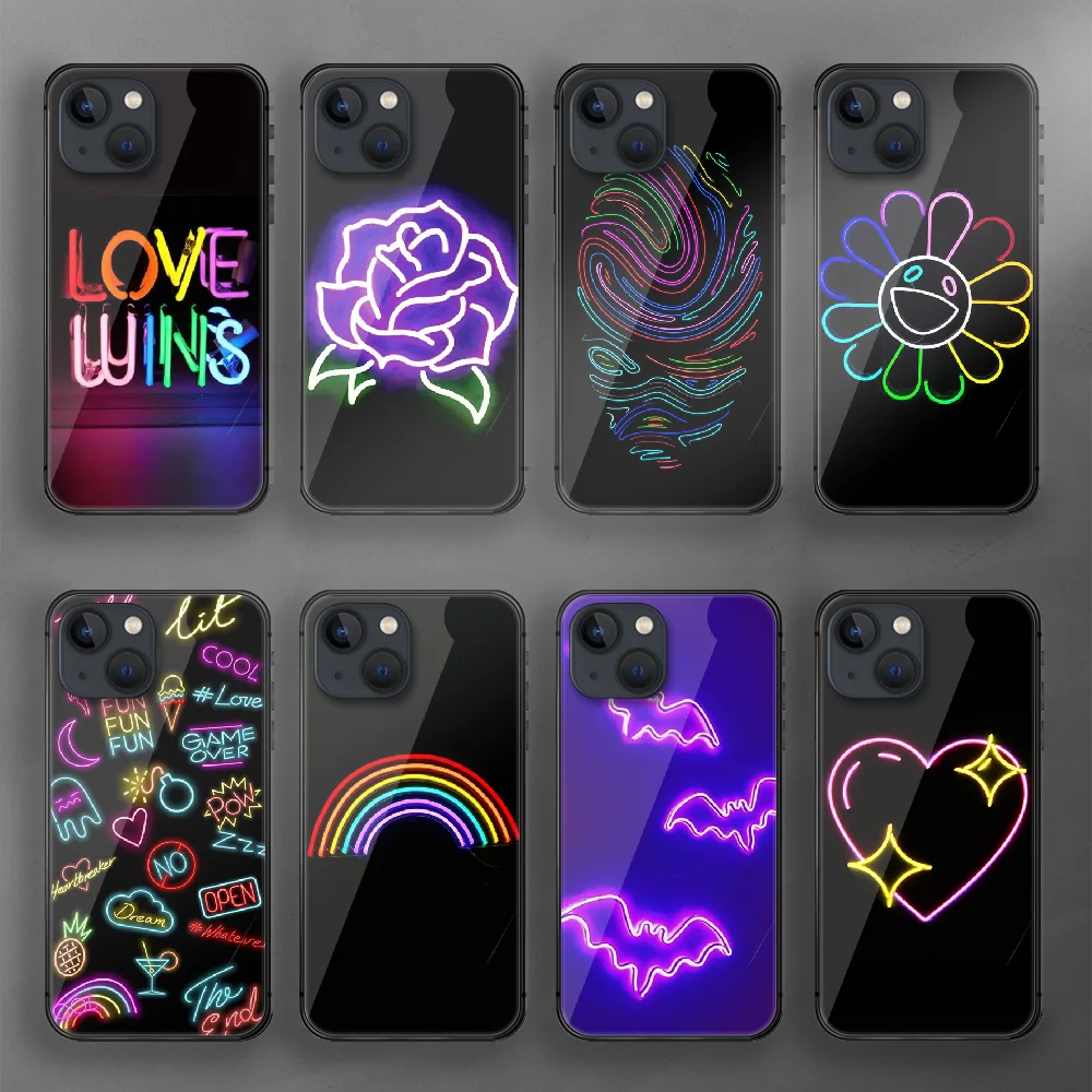 

Neon Art Fashion Aesthetic Tempered Glass Phone Case Cover For Iphone 7 8 11 12 13 14 Pro Max Plus Mini 6s X XS XR SE Black