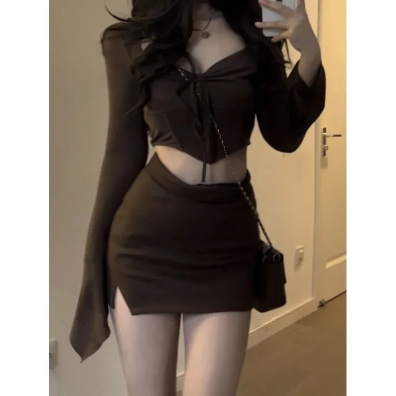 Женский топ с длинным рукавом юбка высокой талией и квадратным вырезом