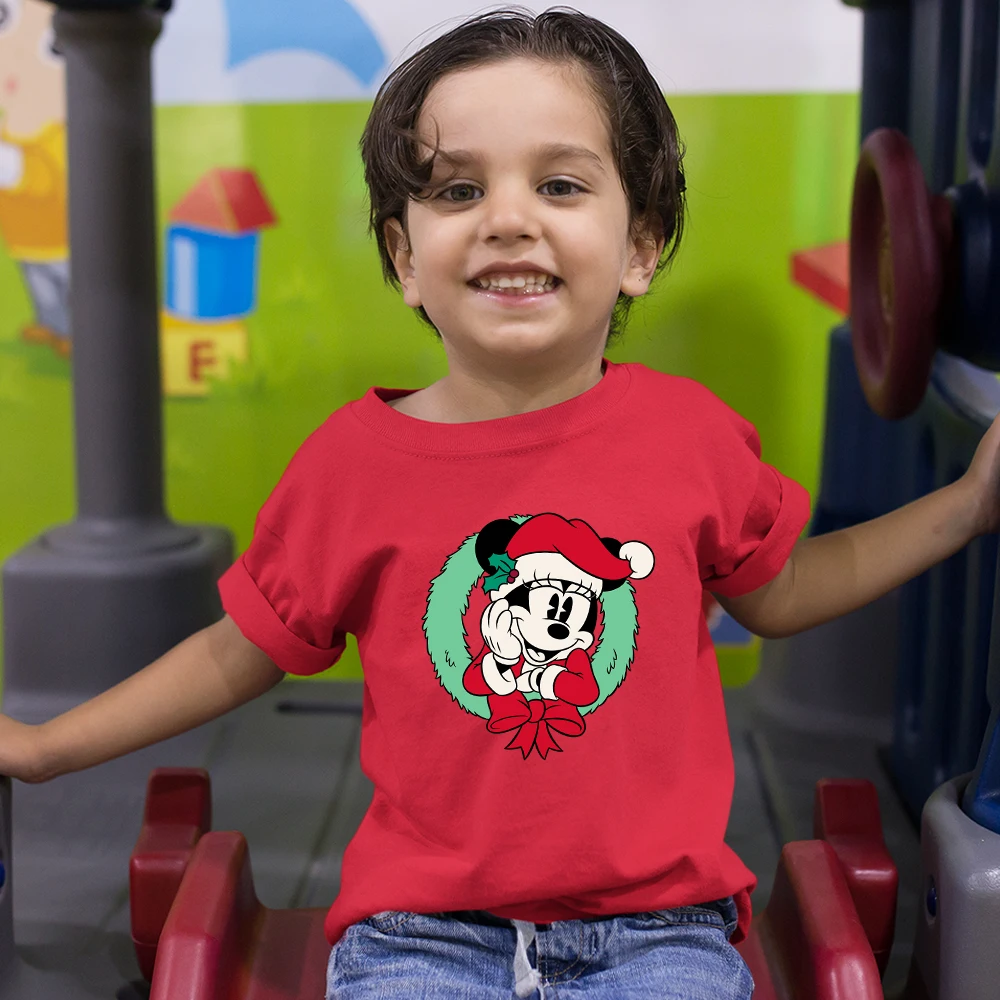 

Disney Minnie Mouse Print Kids Red Christmas T-Shirt Hot Selling Exquisite Popular Short Sleeve Of Child Crewneck US Top Clothes