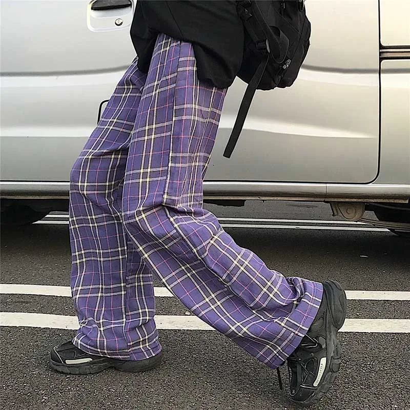 Harajuku Plaid Elastic High Waist Pants 2022 Autumn Women Men Streetwear Hip Hop Straight Trousers Casual Bottoms Britis