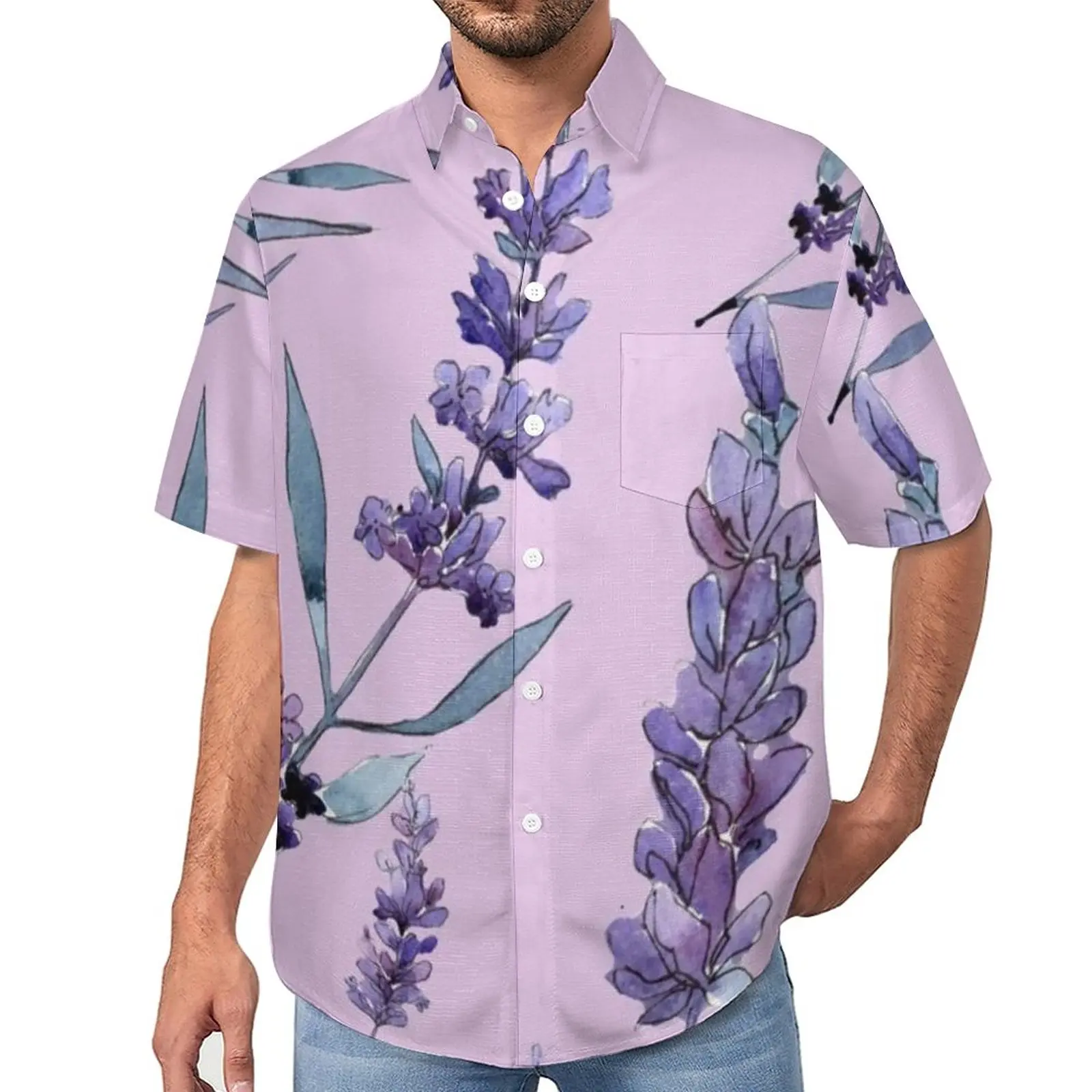 

Violet Lavender Casual Shirts Purple Lavender Gel Polish Vacation Shirt Hawaiian Harajuku Blouses Men Print Plus Size 3XL 4XL