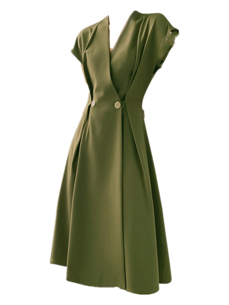 Женское Деловое платье с V-образным вырезом зеленое облегающее платье-трапеция