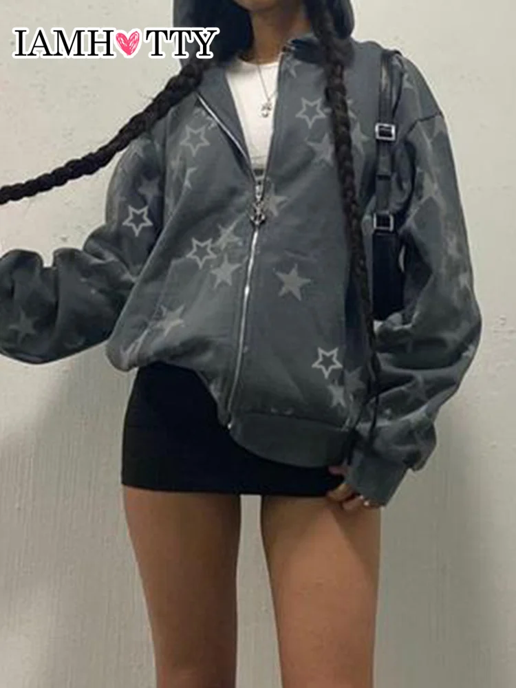 IAMHOTTY Star Print Y2K Hoodie Pockets Zipper Hooded Sweatshirt Preppy Style Casual Loose Cardigan Autumn Harajuku Coat Cute Top
