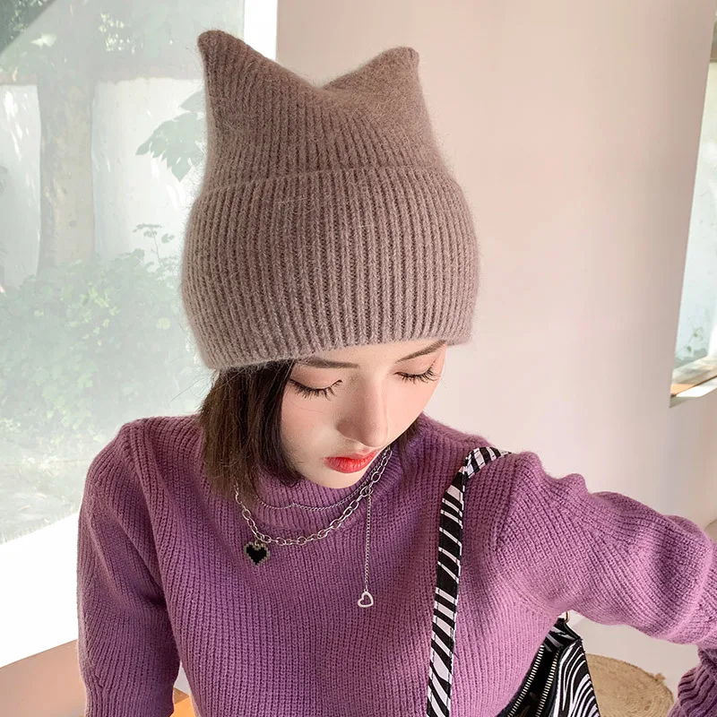 

Cat Ear Trendy Hat Knitted Hat Women Windproof Cold Hats Fashion Riding Beanies Girls Warm Ear Protection Bonnet Casual Bonnets