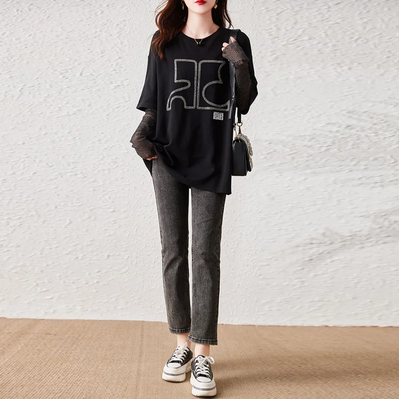 Осень 2023 новая модная сетчатая футболка из двух частей Hot Diamond женская с длинными