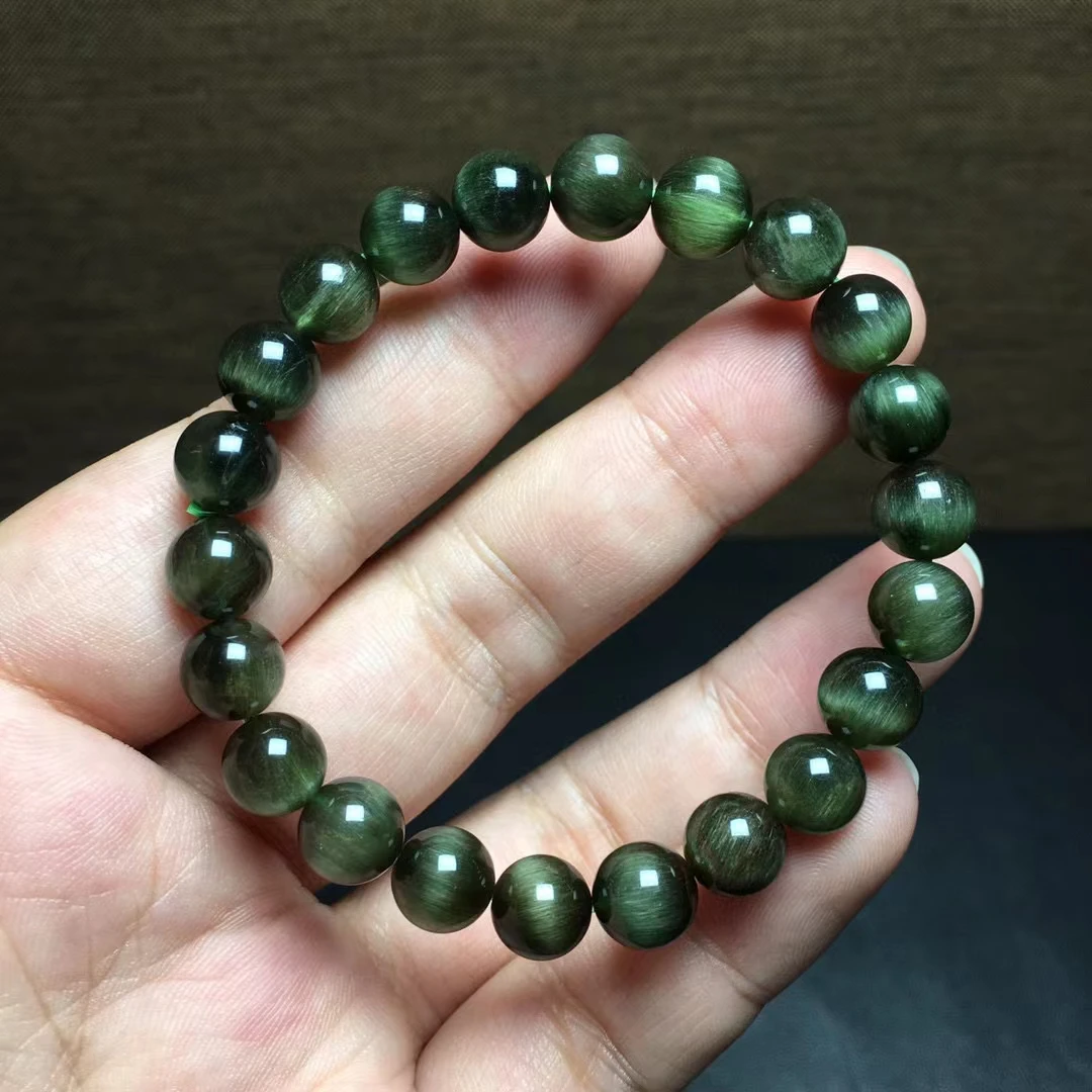 

Natural Green Rutilated Quartz ound Beads Bracelet 8.4mm Women Men Fashion Cat Eye RWealthy Stone AAAAA