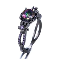 fashion black colorful rhinestone crystal flower floral shaped ring with shiny purple cz for women party wedding jewelry