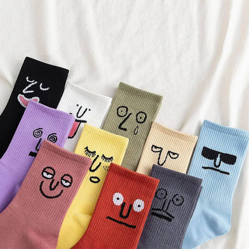 

Men Socks Korea Harajuku Colorful Funny Socks Women Cotton Kawaii Expression Fashion Art Face Vintage Streetwear