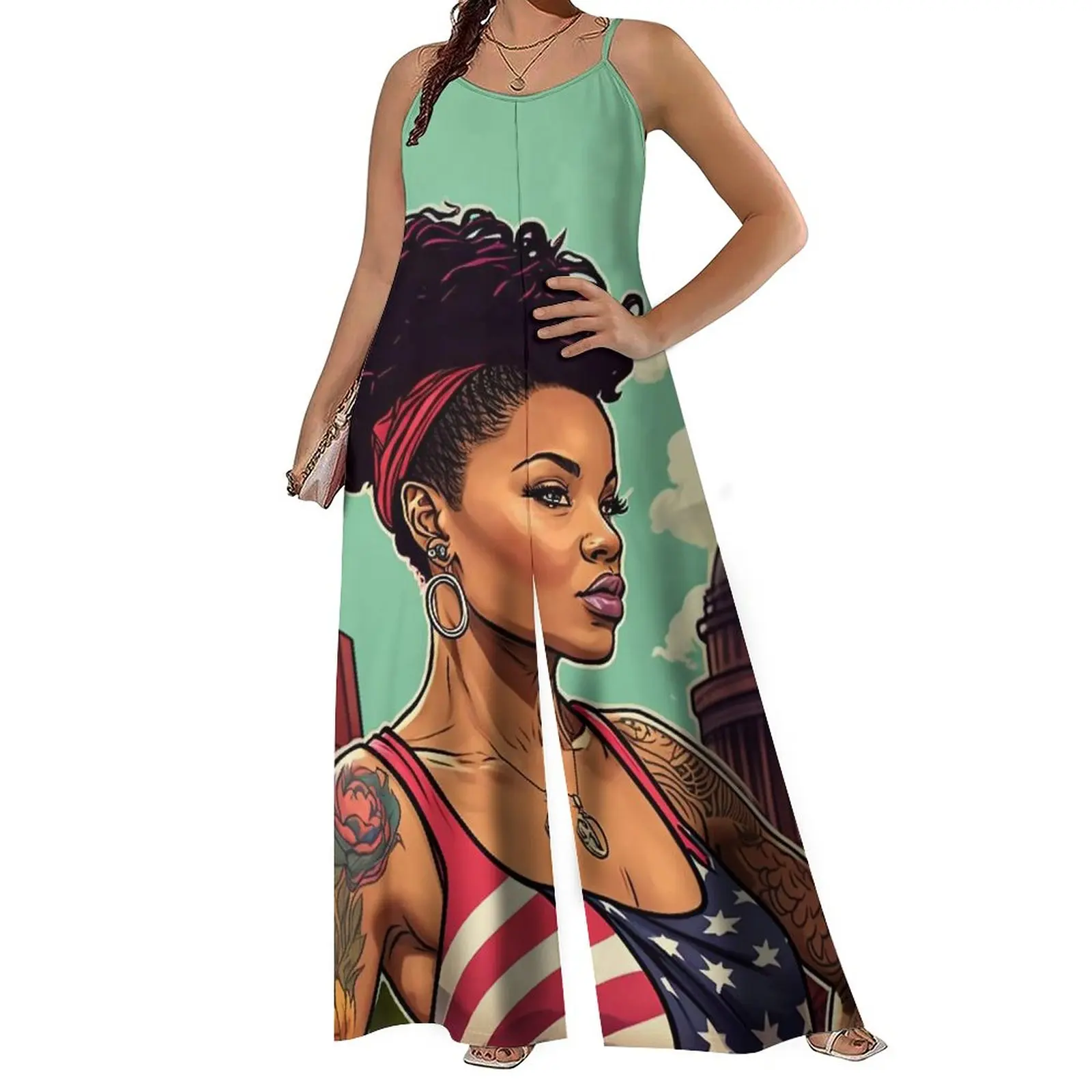 

Afro Girls Print Rompers 2023 New Sexy Sleeveless Loose Jumpsuits Women's Straps Wide Leg Casual High waisted trousers Custom