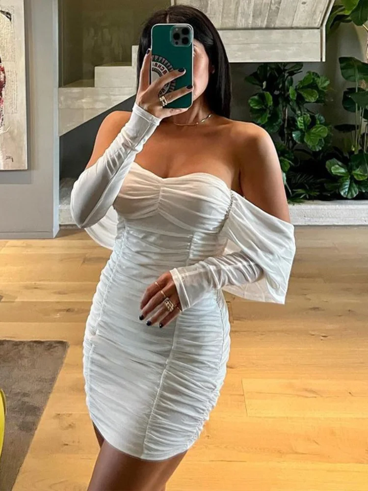 

Sexy Ruched Bodycon Mini Dress for Women Outfits 2023 Spring New Mesh Stand Collar Evening Party Dresses White Vestidos