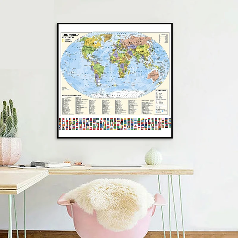 

60*60cm The World Map Unframed Print Wall Decorative Poster Non-woven Canvas Painting Teaching Supplies Home Living Room Decor