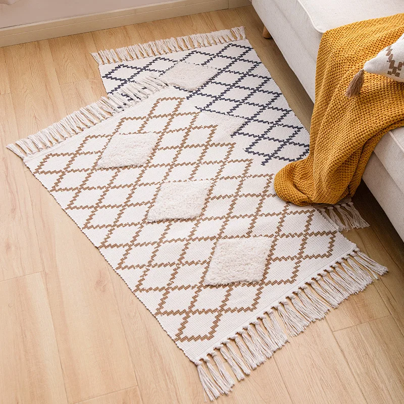 

Retro Carpet Bohemian Hand Tassel Woven Cotton Linen Bedside Rug Geometric Floor Mat Long Rug Bedspread Tapestry Home Decoration