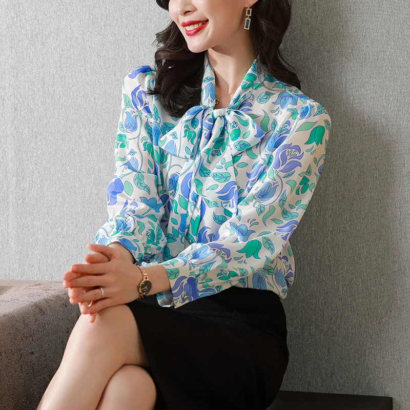 

Женские блузки и топы, шелковые, с цветочным принтом, офисные, формальные, повседневные рубашки, большие размеры, весна-лето, сексуальные, синие, шифоновые, галстук-бабочка