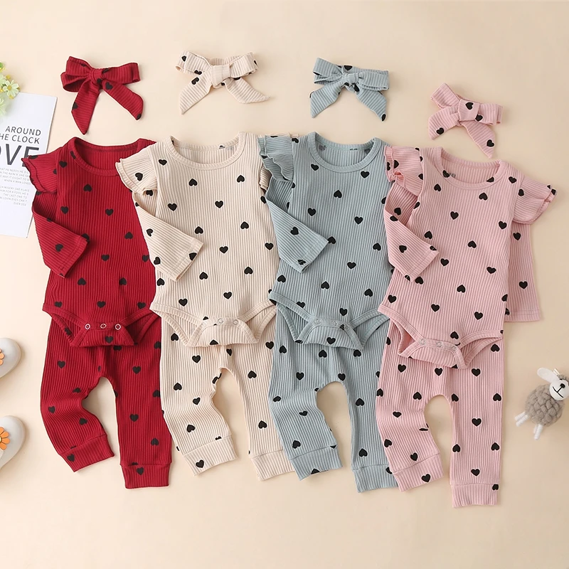 

Baywell 3Pcs Baby Girls Clothing Sets Autumn Spring Casual Pit Strip Long-sleeved Romper Pant Headband Love Print Suits 0-24M