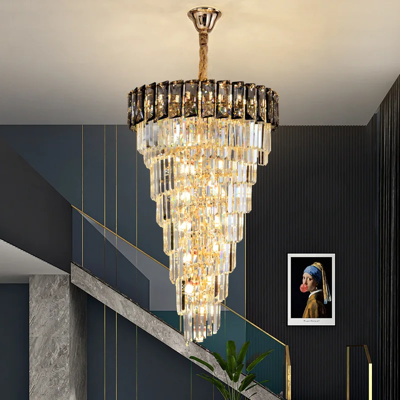 

LED Spiral Luxury Crystal Golden Big Chandelier Duplex Building Hollow Hanging Light Fixture Large Lamp Modern Villa Hall Stairs