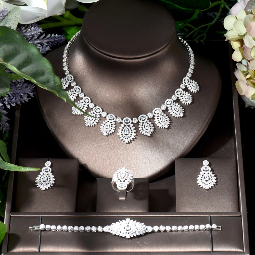 Fashion Elegant And Exquisite Ladies Wedding Bridal Shiny Luxury Zircon Set 4pcs Round Shape Jewelry Collier Femme Mariage N1267