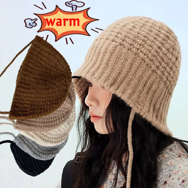 

Шерстяная вязаная шапка сетка для защиты ушей, однотонная шерстяная шапка, зимние теплые эластичные вязаные шапки для женщин на осень и зиму