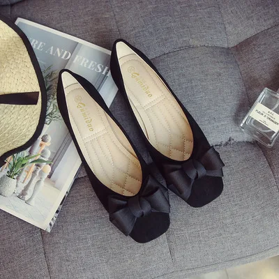 

Women Fashion Butterfly-knot Square Toe Party Leather Ballet Flats Big Size 43 Shallow Ladies Flat Shoes Femme Black
