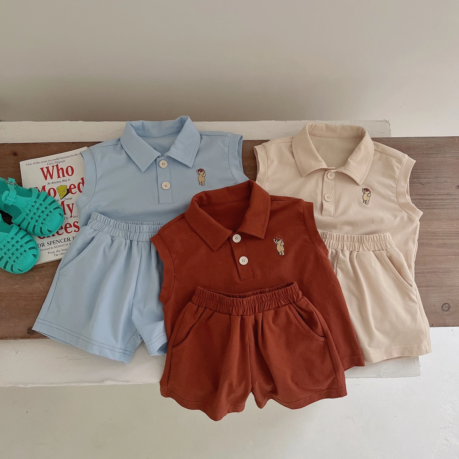 

2022 Summer New Baby Cute Bear Embroidery Clothes Set Cotton Infant Boy Sleeveless Vest + Shorts 2pcs Suit Baby Girl Outfits