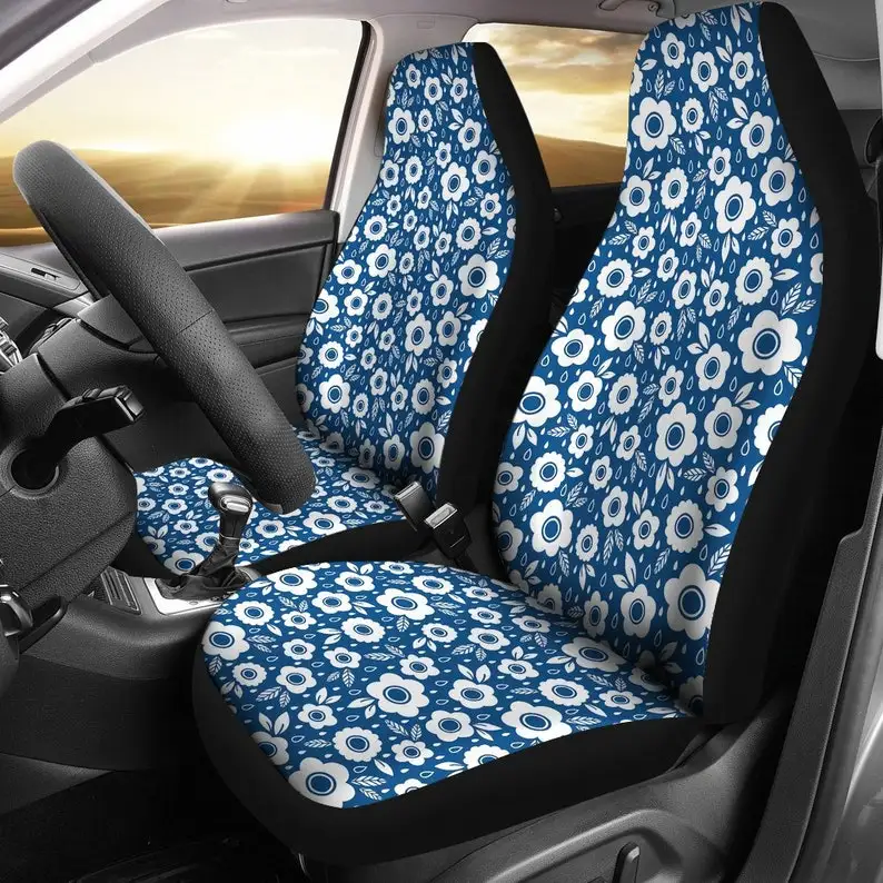 

Classic Blue With White Flowers and Rain Drops Pattern on Car or SUV Seat Covers Universal Fit For Bucket Seats