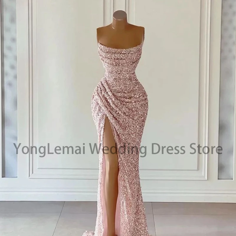 

Pink Sequined Prom Gowns Mermaid Evening Dresses Long Formal Side Split Party Saudi Arabia Celebrity Dresses Plus Size Vestidos