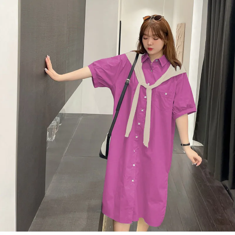 

Short-sleeved Shirt Dress Shawl Two-piece Summer Women Loose Sweet Side Slit Stitching Fashion Casual Breathable Girls Dresses
