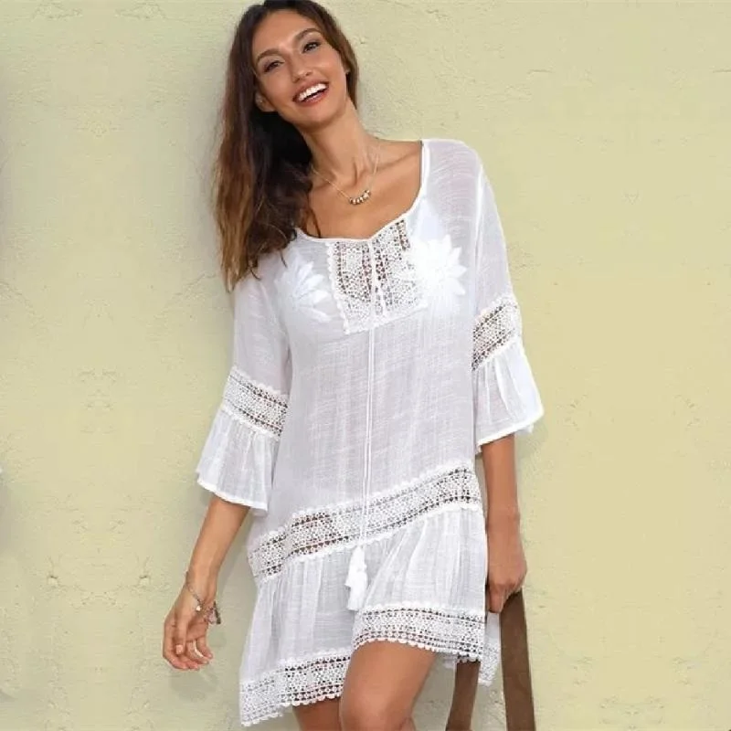 

Women's Swimwear Bamboo Summer Pareo Beach Cover Up Sexy Women Swimsuit Kaftan Dress Tunic White Beachwear #Q382